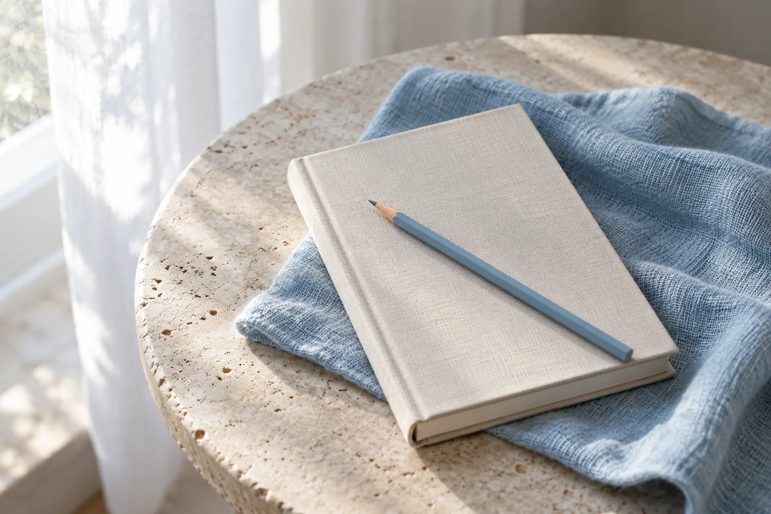 An unmarked linen notebook and blue pencil beside folded blue linen in daylight